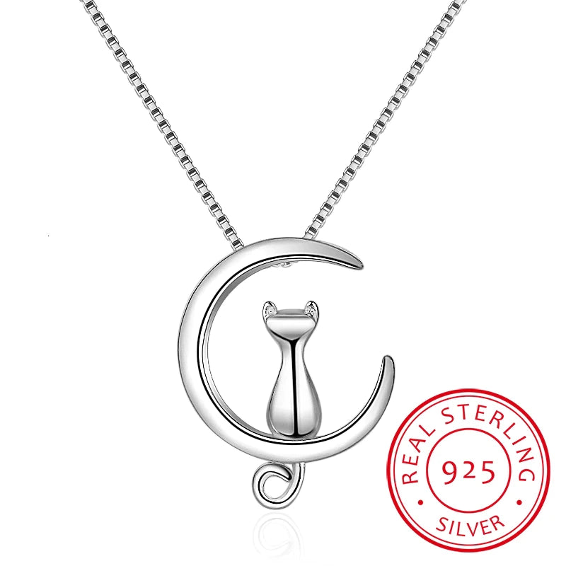 Real 925 Sterling Silver 'Onixiah' Cat On The Moon Necklace