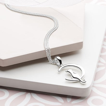 Real 925 Sterling Silver 'Onixiah' Cat On The Moon Necklace